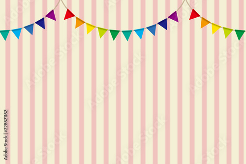 イラスト素材：ボーダー柄背景　カラフルな三角旗・パーティーフラッグ｜横位置・ベクターデータ｜Party flag
