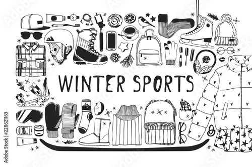Hand drawn set with Snowboarding and 
Ice Skating Things. Winter Sport vector background. Actual fashion illustration. Original doodle style drawing. Creative ink art work