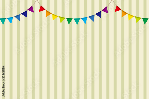 イラスト素材：ボーダー柄背景　カラフルな三角旗・パーティーフラッグ｜横位置・ベクターデータ｜Party flag
