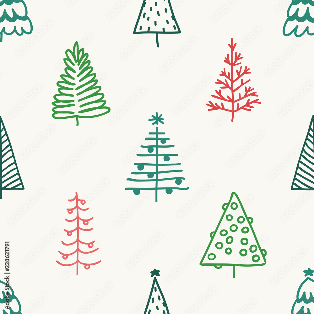 Obraz premium Seamless pattern with hand drawn Christmas tree. Abstract doodle drawing winter wood. Vector art Holidays illustration