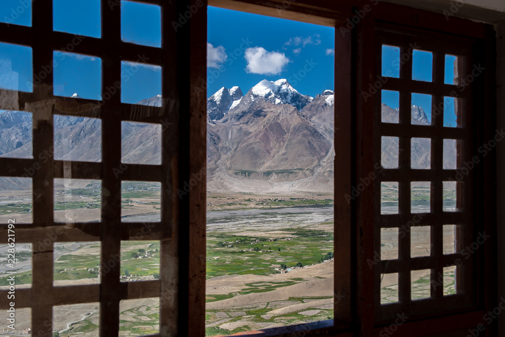 Beautiful landscape view from the windows frame in Zanskar at Himalaya Range, Zanskar Range, Pensi La, Jammu and Kashmir. Beautiful landscape view from the windows frame in Zanskar at Himalaya Range, Zanskar Range, Pensi La, Jammu and Kashmir.