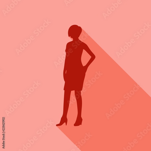 Posing business woman wearing the short dress. Web icon with long shadows for application