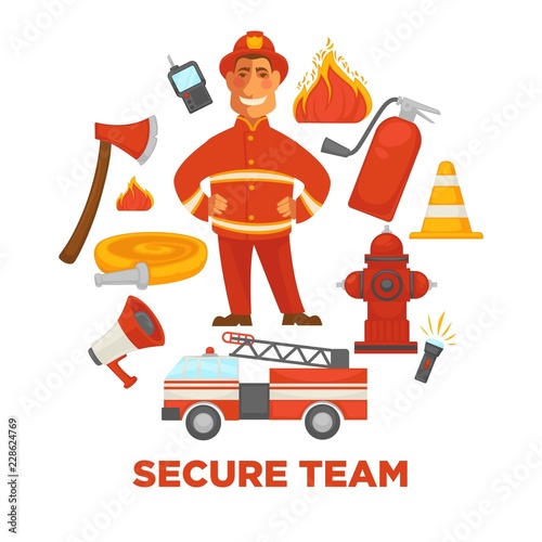 Firefighting and fire protection poster of extinguishing equipment tools.