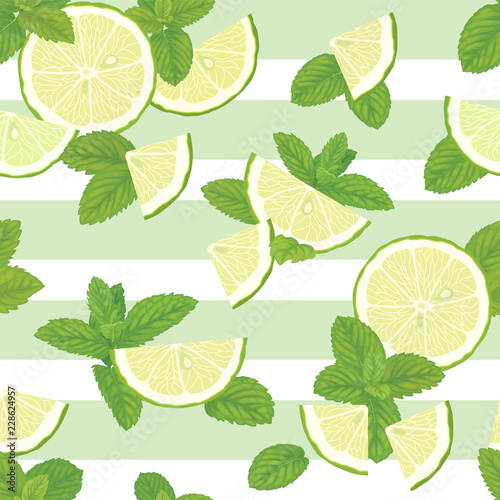 Seamless pattern with green mint leaves and lime slice on graphic background template. Vector set of herbal element for advertising, packaging design of mint products.