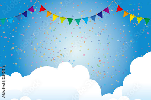 イラスト素材：青空の背景　カラフルな三角旗・パーティーフラッグ｜横位置・ベクターデータ｜party flag
