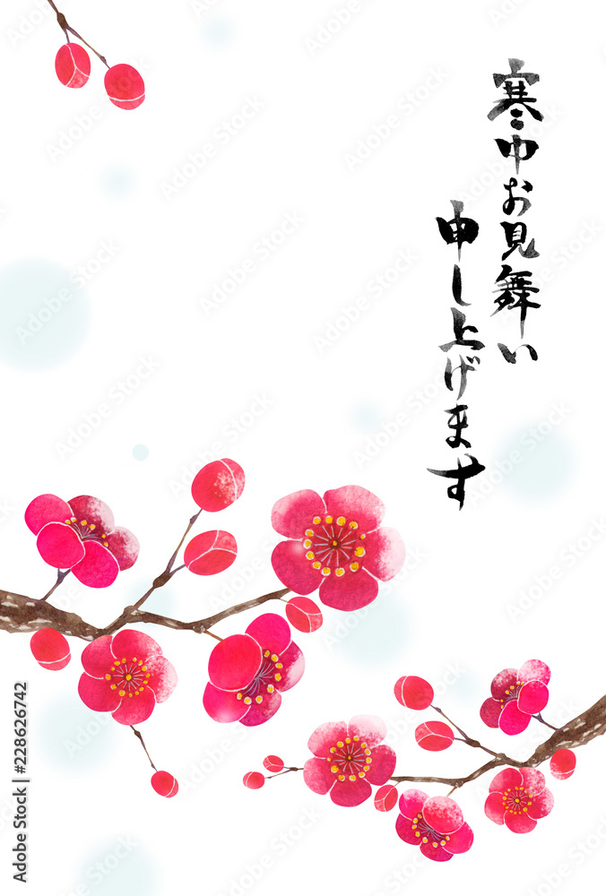 梅の花 寒中見舞い 文字入り 雪 水彩 イラスト Stock Illustration Adobe Stock