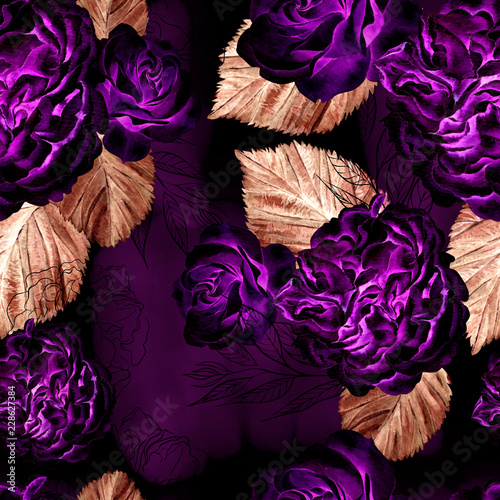 Beautiful watercolor pattern with roses and peony flowers.