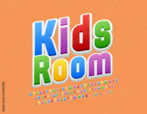 Vector Bright Emblem Kids Room. Colourful Funny Font. Playful rotated Alphabet Letters, Numbers and Symbols for Children.