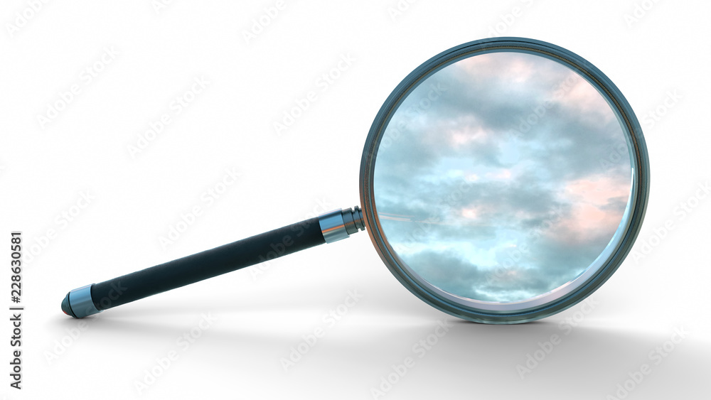 Sky, clouds through a 3D Magnifier glass isolated on white background Sky, clouds through a 3D Magnifier glass isolated on white background