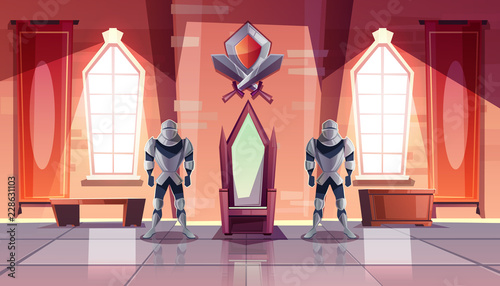 Medieval castle throne room or ballroom interior with knights in armor on both sides of kings throne and shield with crossed swords from above cartoon vector illustration. Historical museum exposition