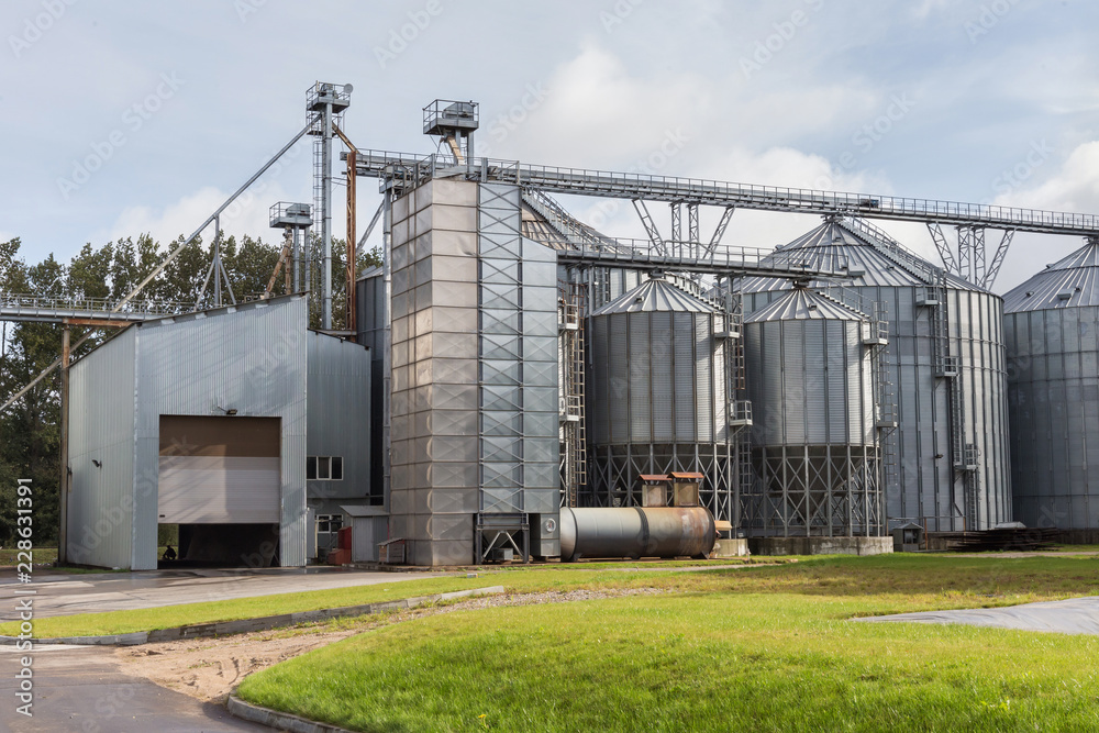 Exterior of Agricultural Silo building with storage tanks for agricultural crops processing plant, drying of grains, rape, wheat, corn, soy, sunflower.
