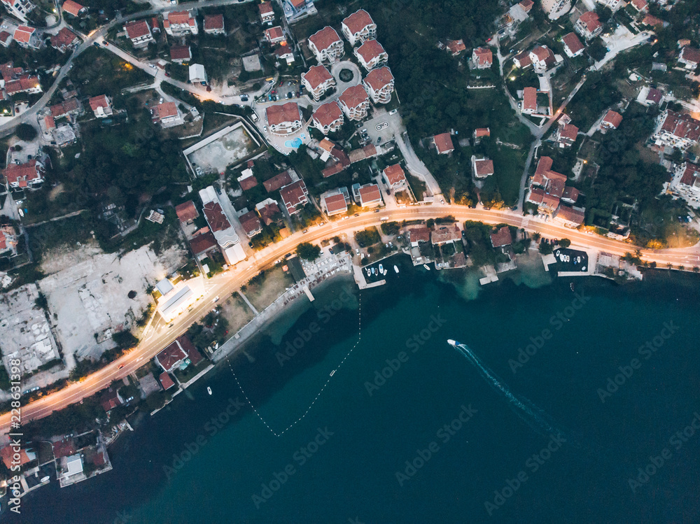 aerial view of kotor bay in the evening