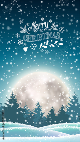 Winter snowy landscape with big shinny moon