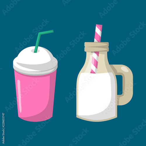 Vector cartoon milk cocktail jar with straw