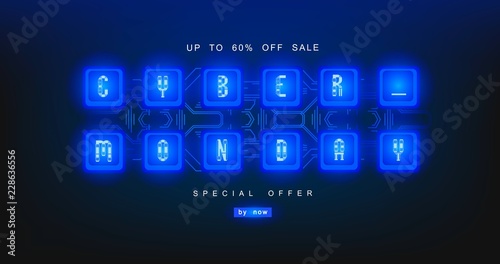 Cyber monday, mechanical panel letters. Typography, font. Digital author font, cyber font. Big sale, creative template.