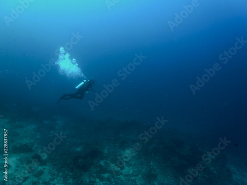 Wide shot of Scuba Diver with Air Bubbles in deep blue sea in the Waters of Bunaken Island, Diving Bunaken, Indonesia.