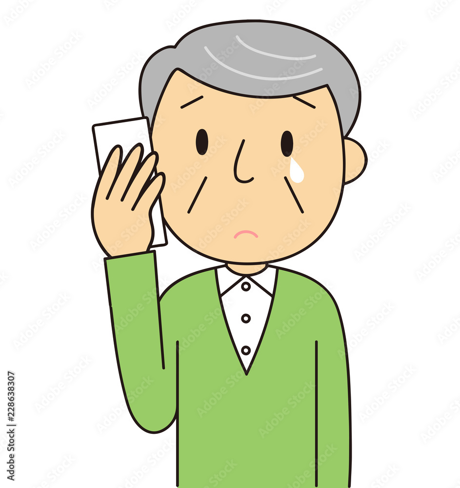 二頭身　男性　シニア　電話するおじいちゃん　泣く