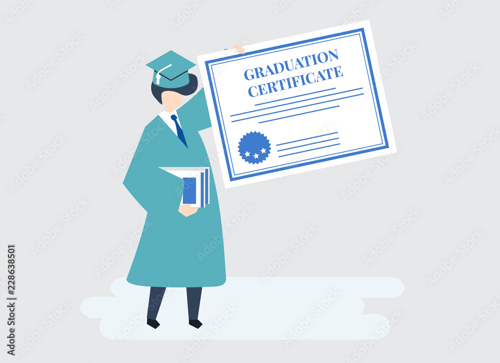 Character of a graduate holding a graduation certificate illustration