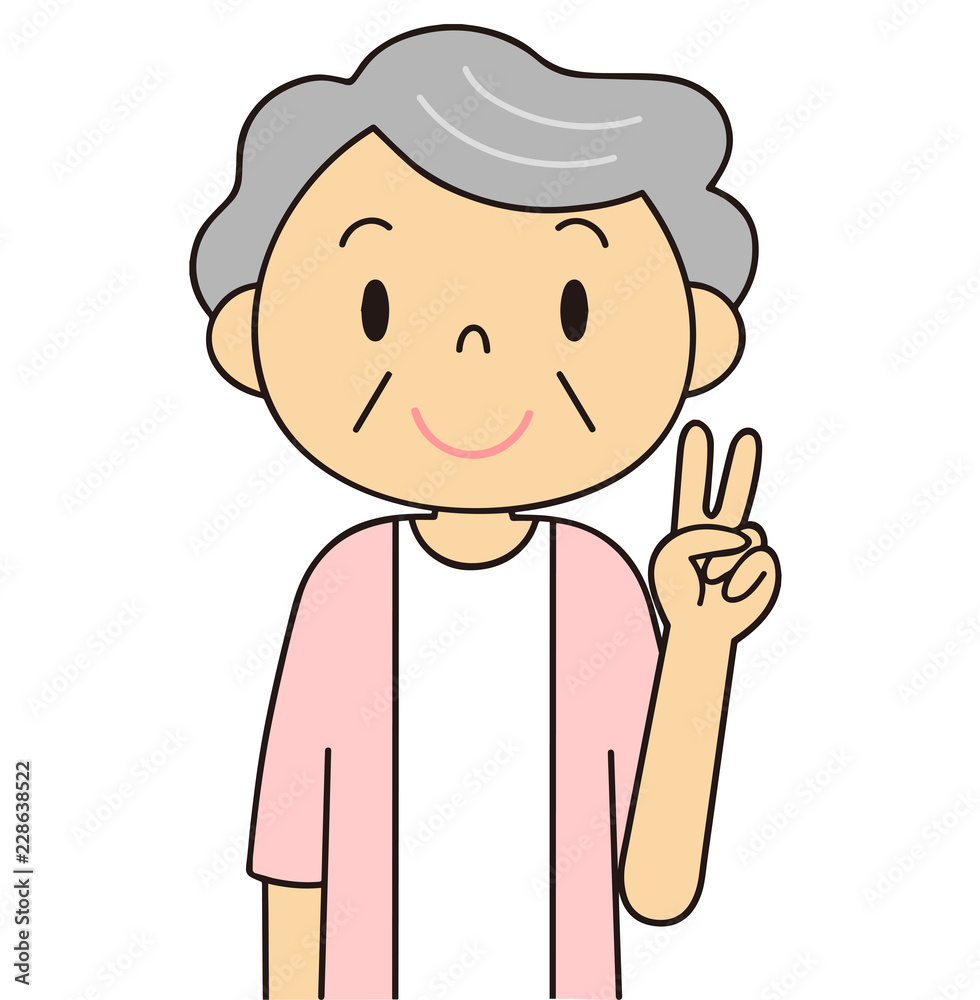 シニア　女性　ピースをするおばあちゃん　二頭身