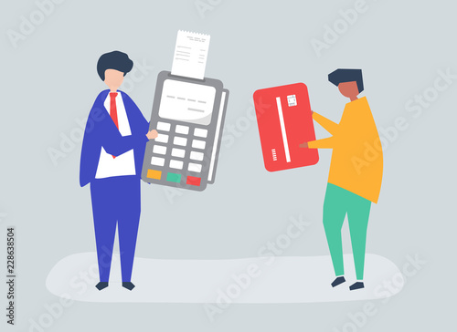 Characters of people making a credit card transaction illustration