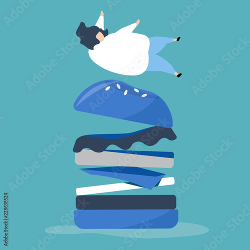 Character of a person falling on a giant hamburger illustration