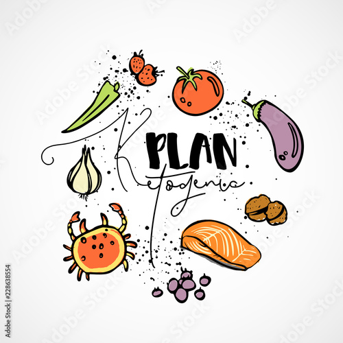 Ketogenic Plan - vector sketch illustration - multi-colored sketch healthy concept. Healthy keto diet Plan with texture and decorative elements in a circle form - all nutrients, like fats, carbs and