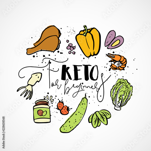 Keto for beginners - vector sketch illustration - multi-colored sketch healthy concept. Healthy keto diet for beginners with texture in a circle form - all nutrients, like fats, carbs and proteins and