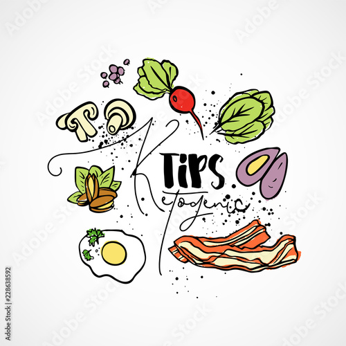 Ketogenic Tips - vector sketch illustration - multi-colored sketch healthy concept. Healthy keto diet Tips with texture in a circle form - all nutrients, like fats, carbs and proteins and food icons