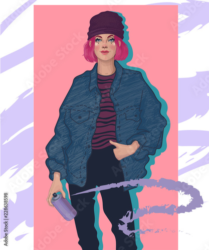 vector  of a stylish fashionable girl rebel with pink hair holding a spray with paint, drawing graffiti on the walls