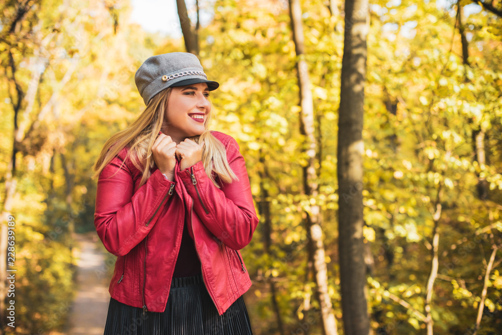 Happy smiling beautiful plus size model . Close up large girl smiling on a sunny day with good mood, Photo of new age standard of beauty, autumn time 