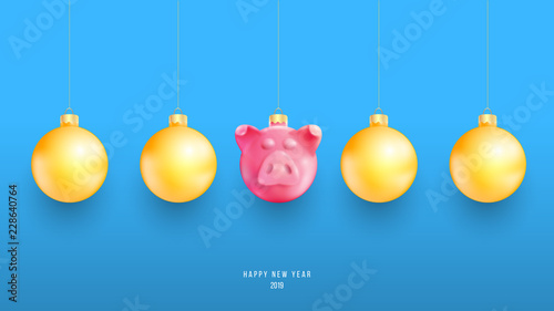 Vector golden yellow christmas balls and pig toy. Happy new year design concept. Minimalistic trendy illustration background for branding banner, cover, poster, card.