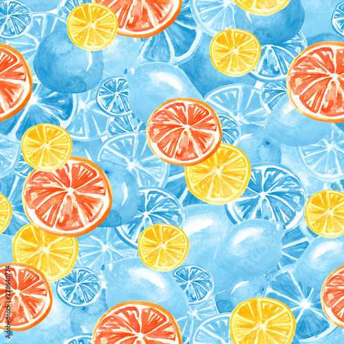 Watercolor painting, vintage seamless pattern - tropical fruits, blue citrus, slices of lemon, orange, grapefruit. Citrus marmalade, slices. Blue, white, monochrome. Fashionable stylish art background