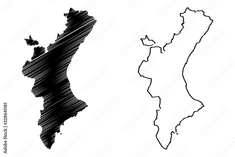 Valencian Community (Kingdom of Spain, Autonomous community) map vector illustration, scribble sketch Valencian Country map