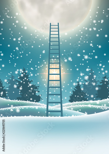 Snowy forest with big moon and abstract ladder