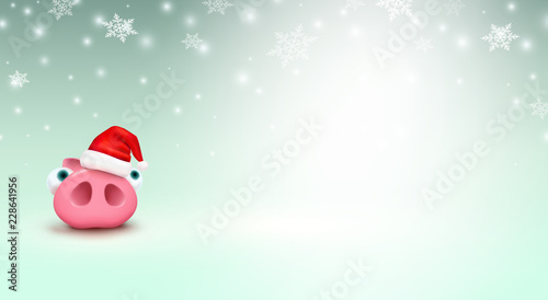 Pig with Christmas Santa Claus hat on winter background. Cute piglet stands under falling snowflakes. Vector xmas or New Year funny little piggy character.