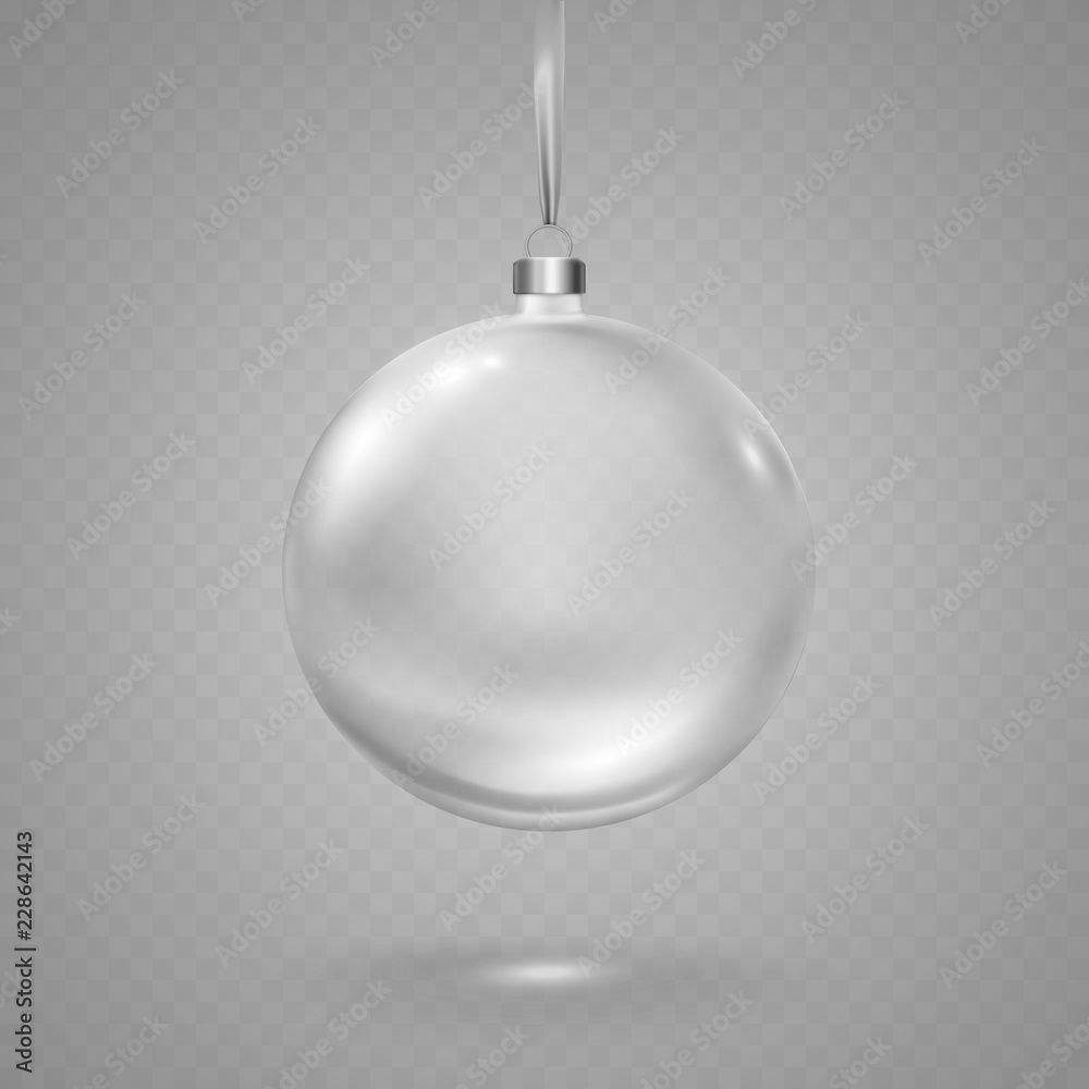 Christmas tree ball with silver ribbon isolated on transparent background. Vector translucent glass xmas bauble template. Christmas tree ball with silver ribbon isolated on transparent background. Vector translucent glass xmas bauble template.