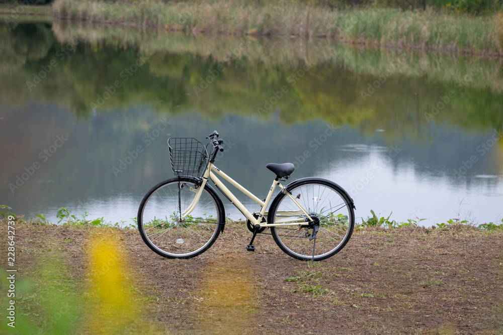 秋の遊水地の池を背景にした自転車