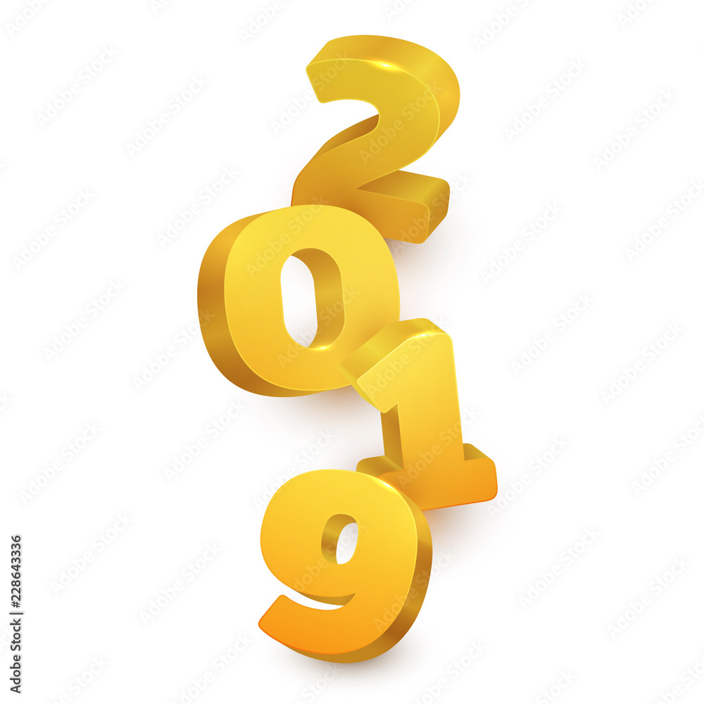 3d realistic vector golden number 2019 on white background. Happy new year design concept. Minimalistic trendy illustration for branding banner, cover, poster, card. 3d realistic vector golden number 2019 on white background. Happy new year design concept. Minimalistic trendy illustration for branding banner, cover, poster, card.