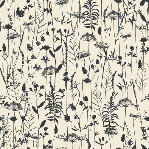 Vector silhouettes collection. Set of field flowers, herbs. Element of seamless pattern. Paper design. Print element. Monochrome.