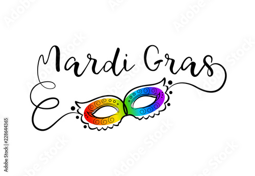 Mardi Gras. Carnival greeting card with elegant rainbow mask. Creative outline design. Vector illustration.