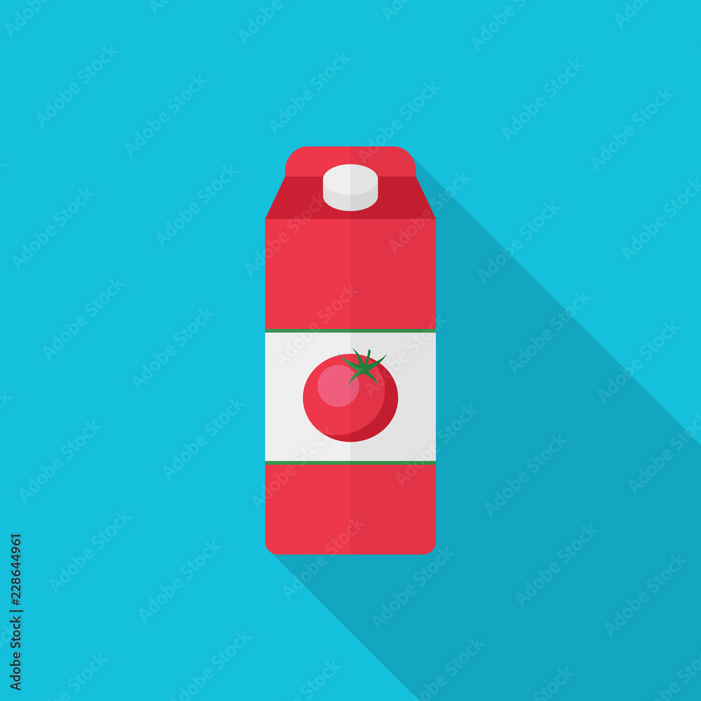 Pack of Tomato juice flat icon with long shadow isolated on blue background. Simple juice package in flat style, vector illustration for web and mobile design. Pack of Tomato juice flat icon with long shadow isolated on blue background. Simple juice package in flat style, vector illustration for web and mobile design.