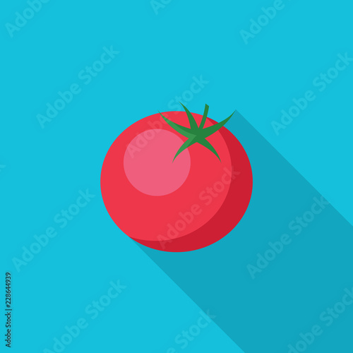 Tomato flat icon with long shadow isolated on blue background. Simple tomato symbol in flat style, vector illustration for web and mobile design.