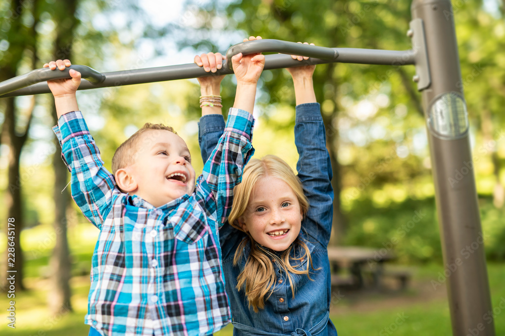 The Two young children having fun on the playground The Two young children having fun on the playground