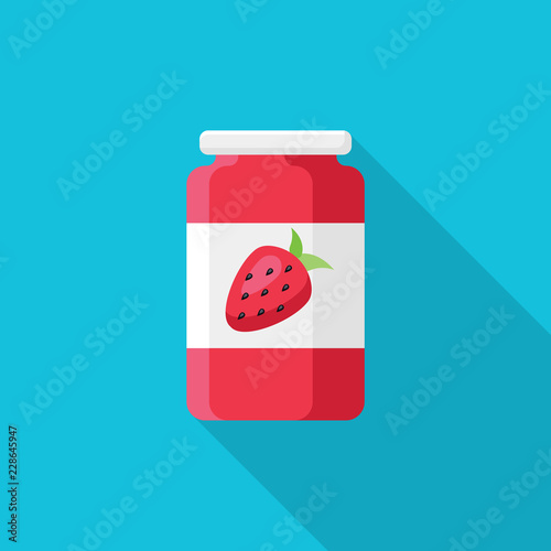 Strawberry jam in glass jar flat icon with long shadow isolated on blue background. Simple jam in flat style, vector illustration.