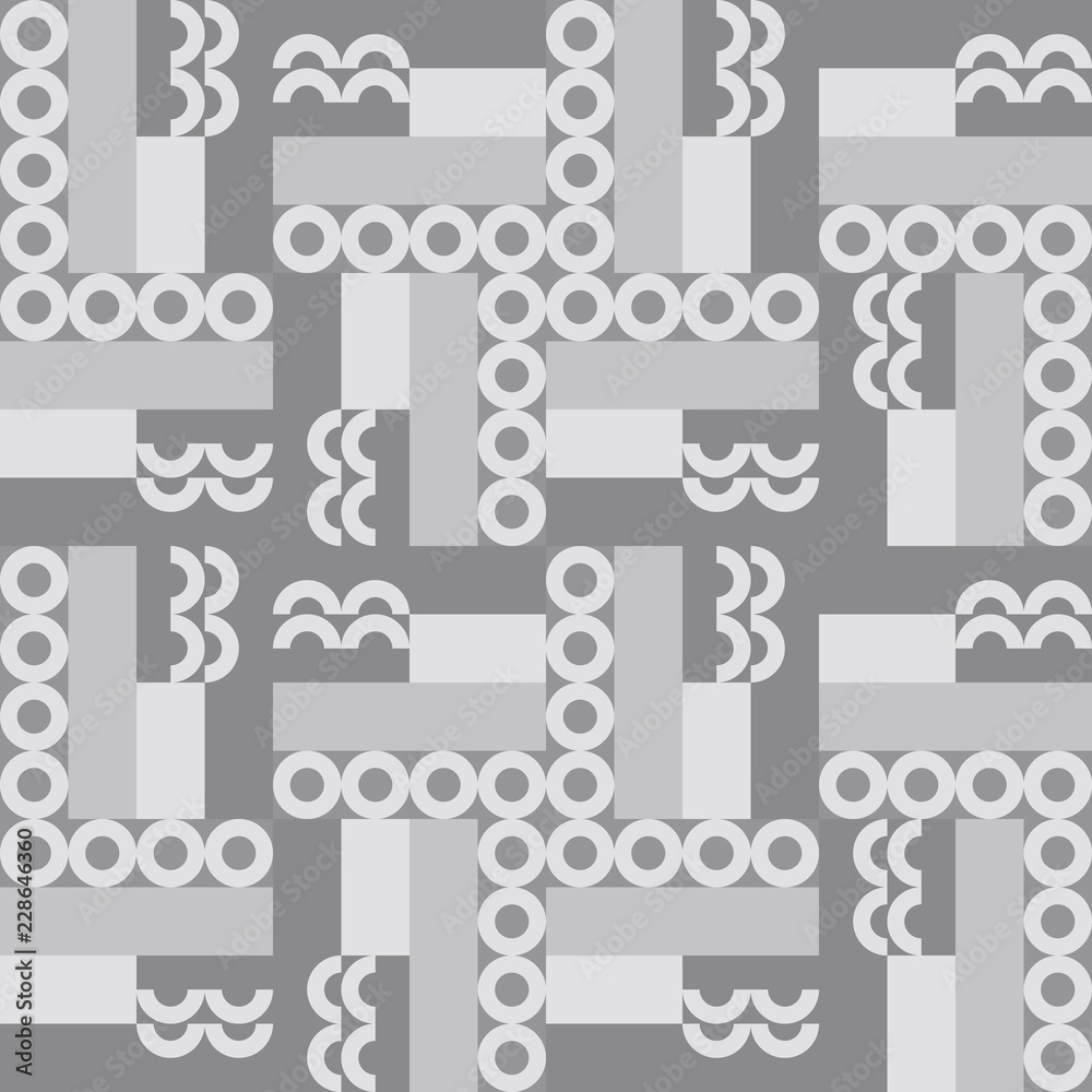 Fototapeta premium Geometric vector seamless pattern in retro style . Modern background with circles, semicircles, squares, lines and other simple shapes.