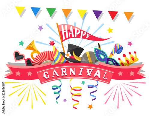 Happy Carnival. Greeting card with colorful festive elements. Flat design. Vector illustration.