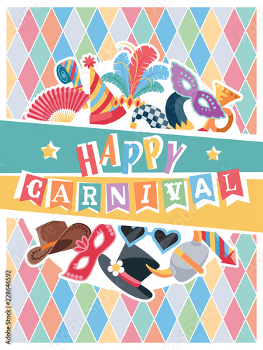 Happy Carnival. Colorful greeting card with colorful festive elements. Flat design. Vector illustration.