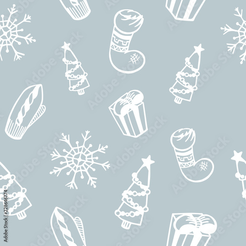 New year and christmas seamless pattern. Snowflakes, gifts, spruce, mitten, sock. Winter vector illustration. Festive, holiday background.