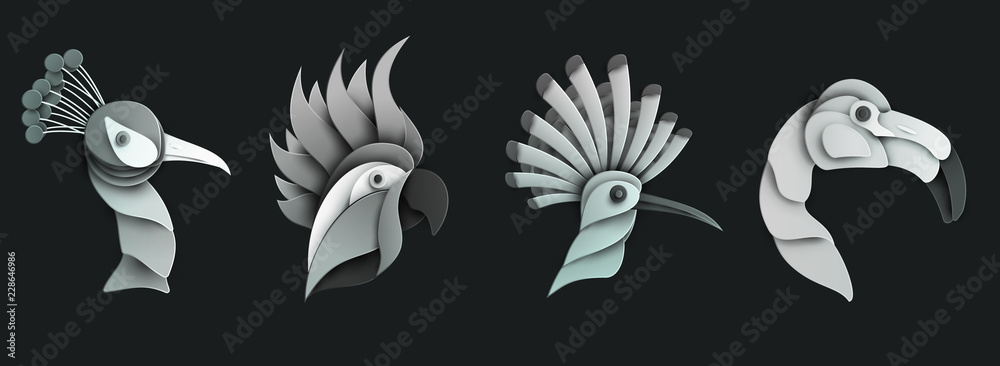 Set of cartoon exotic bird in trendy paper cut craft graphic style. Peacock, hoopoe, flamingo, parrot. Modern design for advertising, branding greeting card, cover, poster, banner. Vector illustration