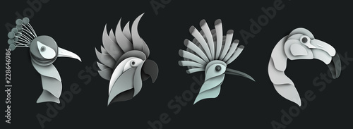 Set of cartoon exotic bird in trendy paper cut craft graphic style. Peacock, hoopoe, flamingo, parrot. Modern design for advertising, branding greeting card, cover, poster, banner. Vector illustration